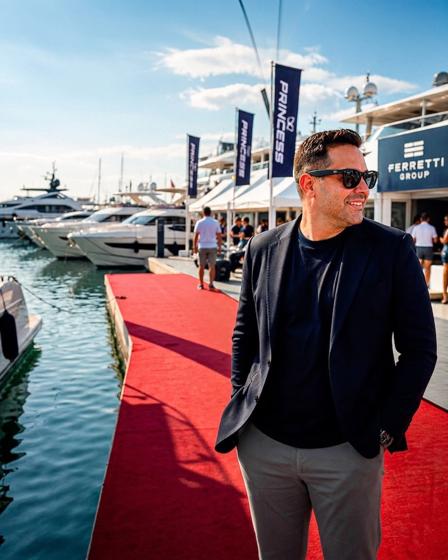 Alê Silveira no Fort Lauderdale International Boat Show, no estande do Ferretti Group